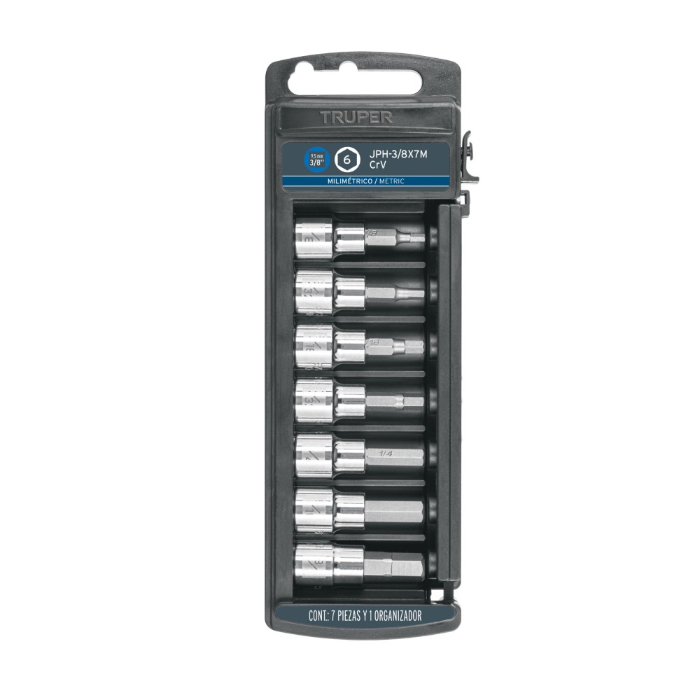 Juego de 7 dados cuadro 3/8" punta hexagonal mm