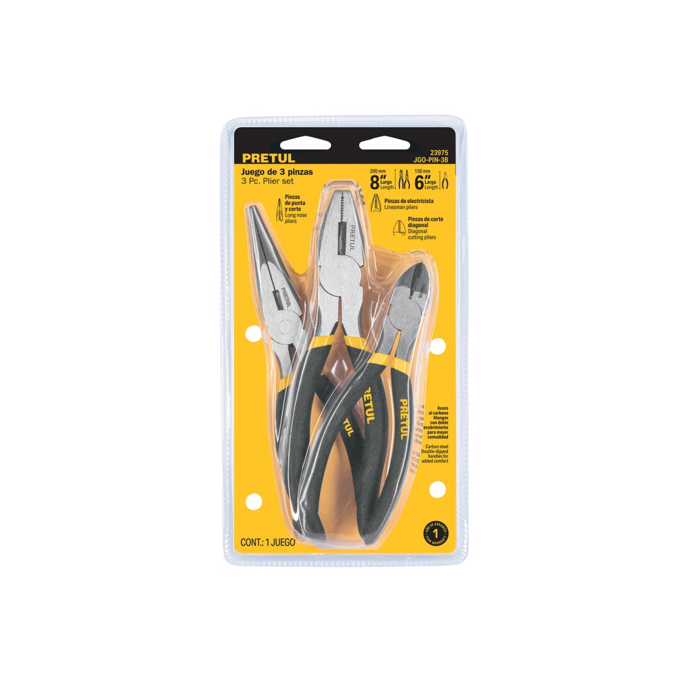 Juego de 3 pinzas, 2 de 6" y 1 de 8", mangos de PVC