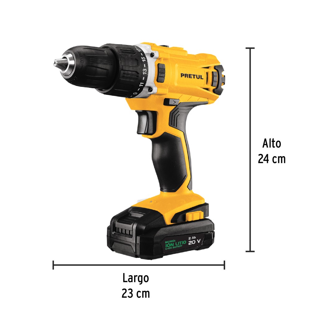 Kit taladro 1/2", 20V, 1 batería 2Ah, 32 accesorios
